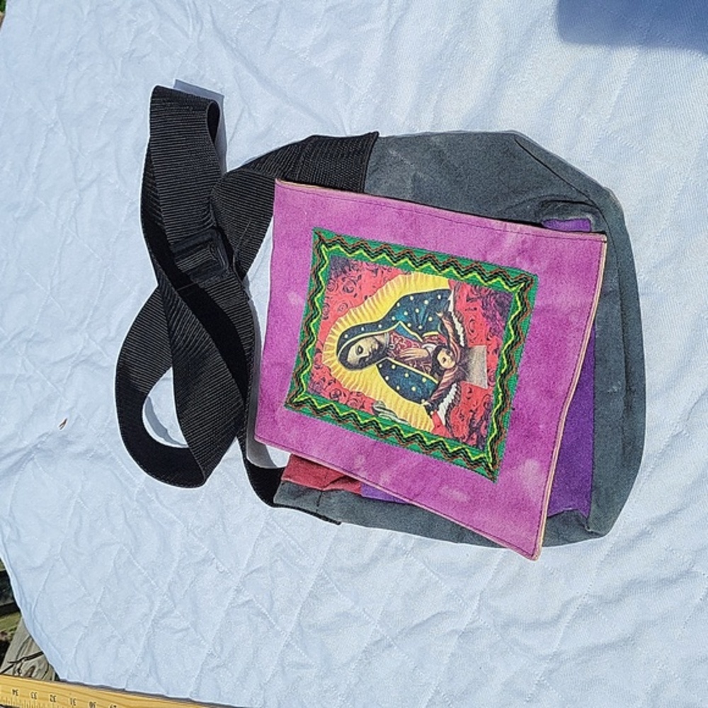 Love Shine hand crafted messenger bag,The Virgin of Guadalupe, purple black,boho